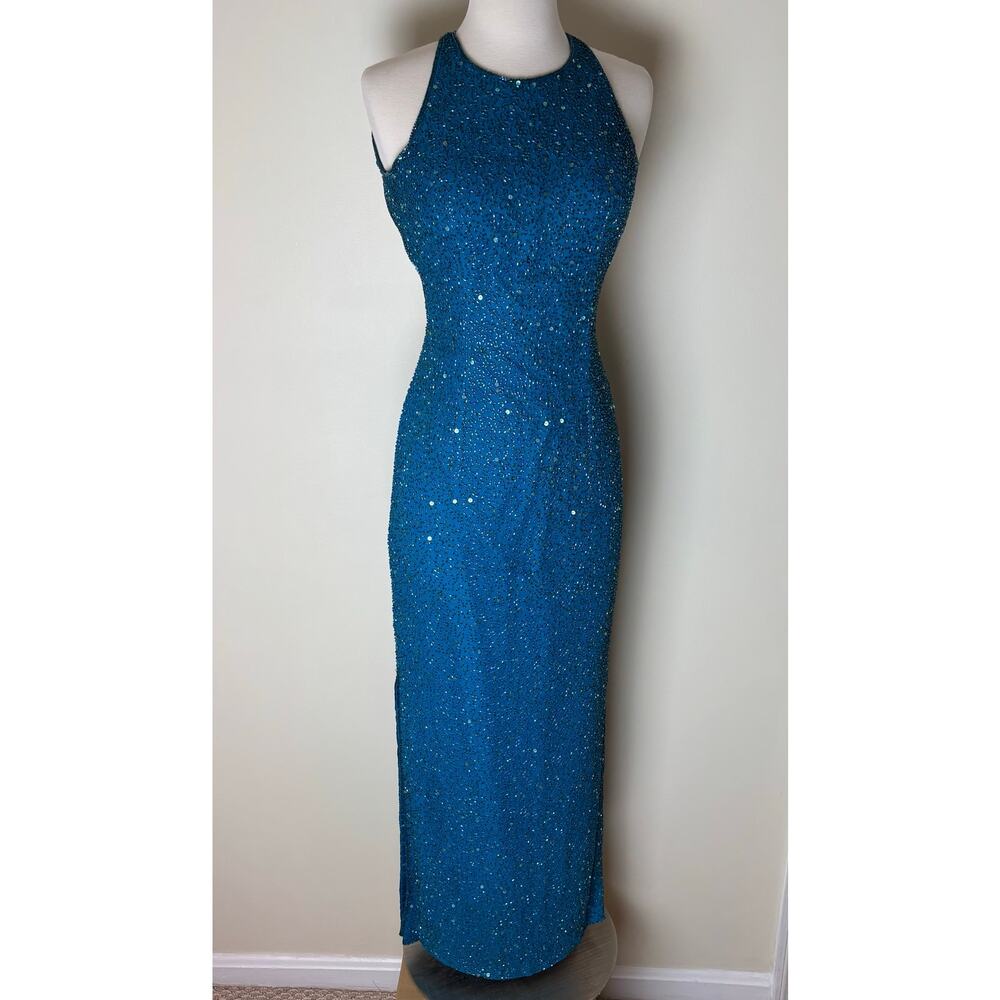 Vintage 90s SCALA XS Silk Beaded Bodycon Maxi Prom Dress Maximalist High Neck